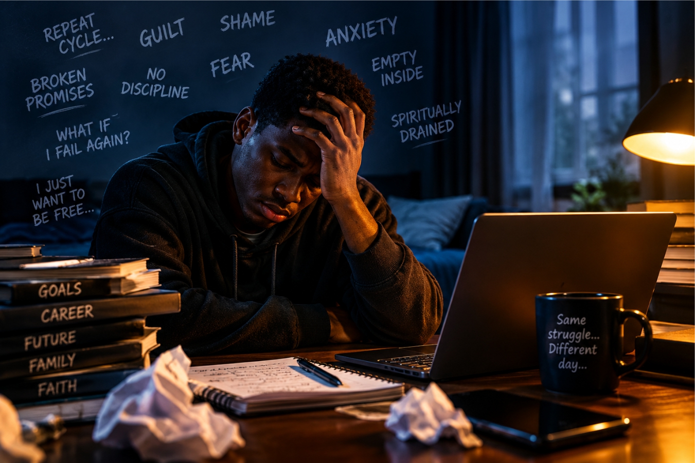 Shadows of the struggle: a believer alone in the night, caught between prayer and relapse